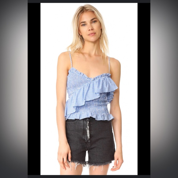 Cinq a Sept Mara Smocked Ruffled Crop Top, Blue Stripes - Picture 1 of 6